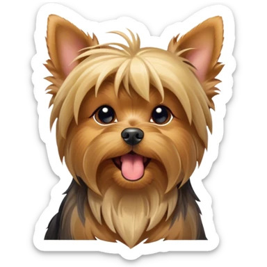 Cinematic Cute Yawning Yorkshire Terrier Portrait Emoji, Head tilted with a playful, drowsy expression and droopy, adorable eyes, featuring a soft, well-groomed fur in rich hues, simplified yet irresistibly endearing, highly detailed, glowing with a warm, cozy radiance, high shine, exuding a relaxed yet spunky charm, styled with a gentle, soft glowing outline, capturing the essence of a Yorkshire Terrier mid-yawn that seems as if it could cuddle right off the screen! sticker