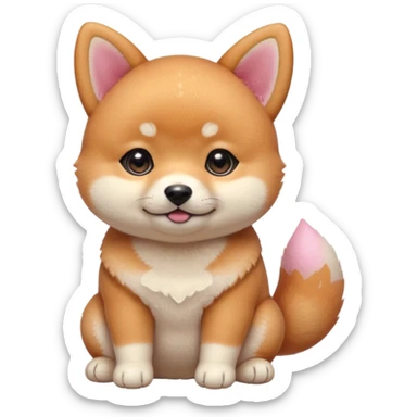 3 month old Shiba Inu puppy emoji, chubby cheeks, pink blush, sparkly eyes, tiny triangle ears, sitting pose, kawaii style, thick outline, soft shadow, transparent background, PNG sticker, high resolution sticker