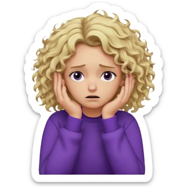 Emoji-style illustration of a frustrated young woman, messy curly tousled blonde hair, wearing a purple sweater, holding her face in her hands, expressing annoyance and disappointment, cartoonish, expressive, simple lines, flat colors, clear silhouette,  sticker