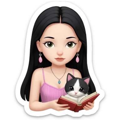 Menina branca ,cabelos cor preta longos, olhos cor preta puxados para cima. Cílios longos, lábios grossos ,nariz pequeno ,vestido rosa claro de alça. Colar e brinco bem pequeno. Lendo um livro com gatinho preto e branco. sticker