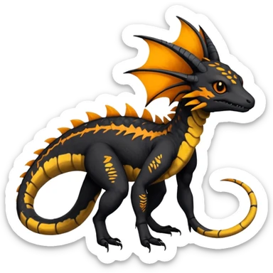 Rare realistic exotic edgy dark gothic gloomy spooky black and orange/yellow epic pretty beautiful handsome gorgeous aesthetic colorful vibrant Vernid-Trico-species-Fakemon-Salandit-hybrid-creature by LiLaiRa, 4 legs, 1 tail, random markings, (full body) sticker