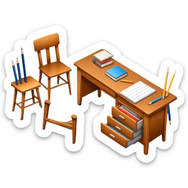 Icon for Furniture Design: a furniture drawing with 3D models of furniture pieces placed on top, accompanied by rulers and a pencil. The icon should represent the design process with focus on precision and modeling. Transparent background. sticker