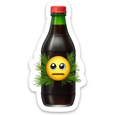 a glass bottle of dark soda with pine needles sticker