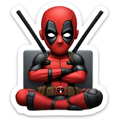 Cute Deadpool sitting at a desk, front view laptop sticker