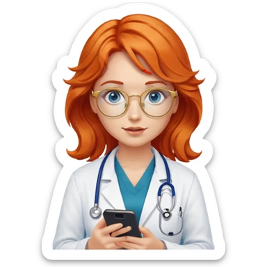 Girl doctor wavy orange red hair blue eyes in gold glasses and phone  sticker
