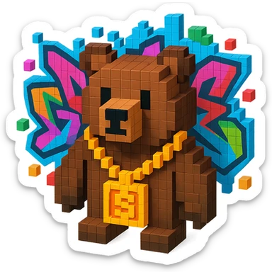 Russian grizzly bear with a rapper chain, with a graffiti background sticker