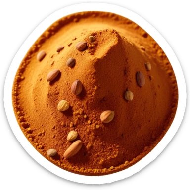 pinch of Ras el Hanout powder, warm earthy palette, fine grainy texture, visible spice specks, dry aromatic, clean 3D rendered, no faces sticker
