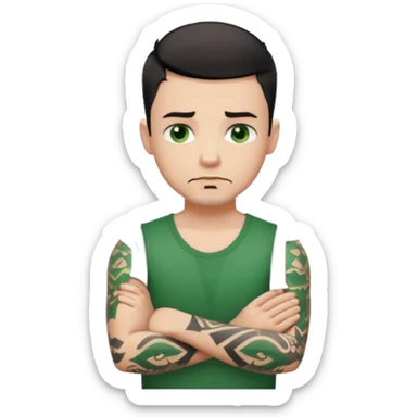 White young man with short black taper fade hair cut and slight goatee and neutral expression with his arms folded. Green eyes and arm tattoos sticker