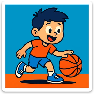 boy dribbling a basketball, vibrant cartoon style sticker