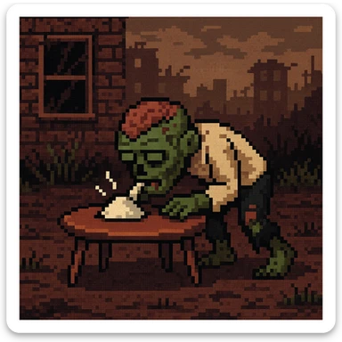 A zombie sniffing white powder with a background in the style of a pixel art sticker