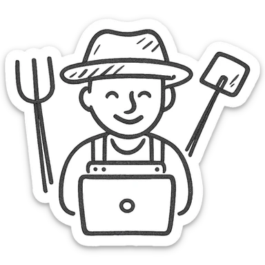 a farmer with a straw hat, surrounded by farm tools, happily looking at a computer screen, hand-drawn style sticker