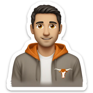Man with dark hair, pale skin, orange Texas Longhorns hoodie sticker