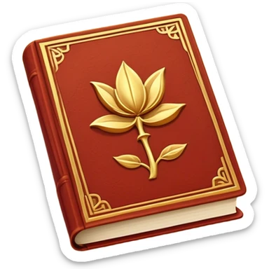 Un libro de cuero rojo terracota, con textura envejecida y bordes dorados desgastados. En la portada, un loto dorado en relieve, irradiando una aura cálida de sabiduría y transformación sticker