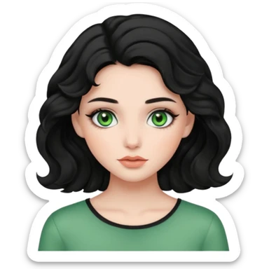 a girl with green eyes, black wavy hair, clean girl makeup sticker
