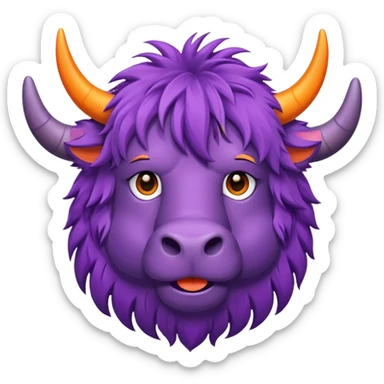 a purple yak Head with pieces of orange paper hanging in his head sticker