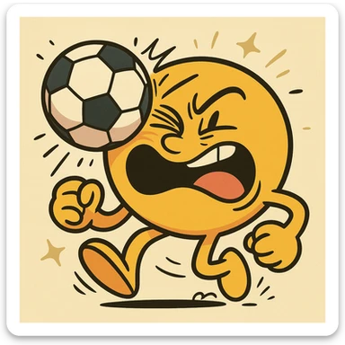 a smiley face being hit by a soccer ball, comic effect, bold outlines, energetic, playful, vibrant colors, fun, animated, lively expression sticker