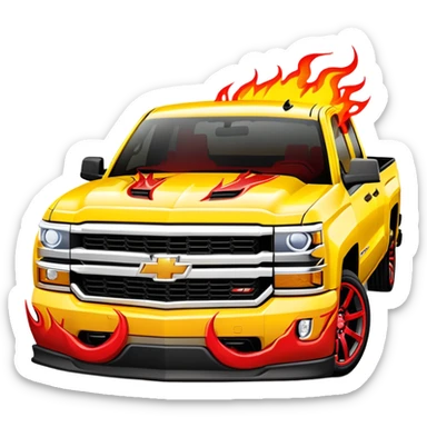 Bright yellow Chevrolet Silverado with red flame artwork exclusively on the front bumper, clean hood, exactly as in Kill Bill, 30-degree angle showcasing bumper detail, iOS emoji style sticker
