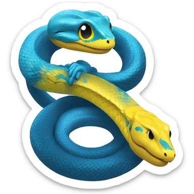 a blue python tangled with a yellow python evoking the python programming language logo sticker