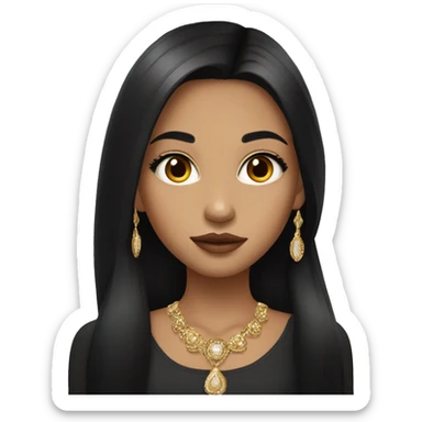 young girl with long black hair,brown eyes,long eyelashes and big lips wearing gold jewellery  sticker