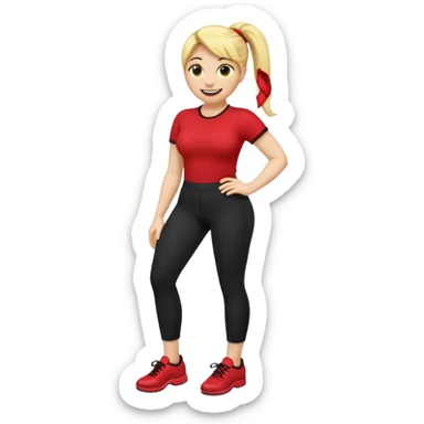A smiley yellow emoji (like 😊) with a ponytail, red shirt, big breasts, black pants, ass and red shoes sticker