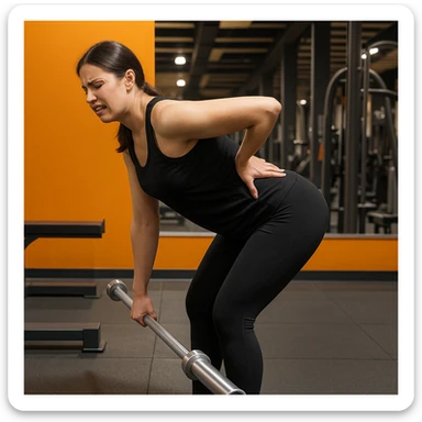 Edit the image of a less muscular woman performing a Romanian Deadlift (RDL) in a gym, side pose, wearing black sportswear, holding a barbell, with a back pain expression, one hand on the lower back, hyperrealistic 4K details, realistic gym environment. Variant 7: slightly change the position of the hands. sticker