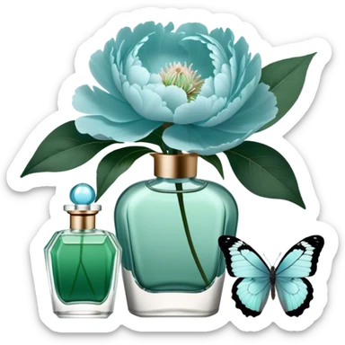 A delicate arrangement of pale blue peonies and a translucent green  butterfly near a deep green color perfume bottle.    sticker