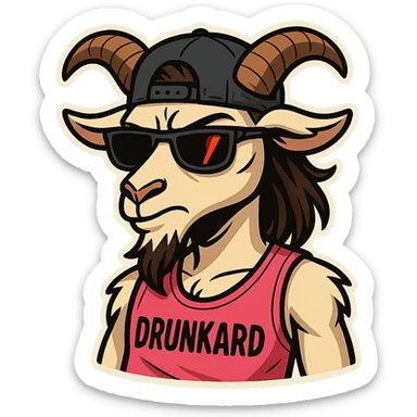 goat-terminator for Telegram stickers inspired by reference https://attic.sh/feoducyurkpqwz0la088soao98sx: wearing a cap, glasses, mullet hairstyle, pink drunkard tank top.  sticker