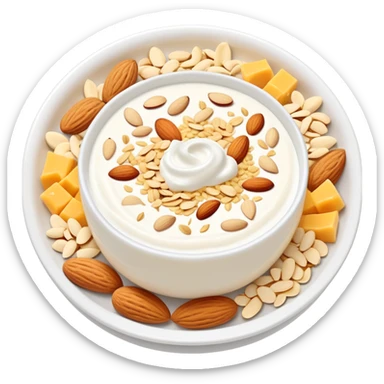 A glowing white leg bone in the center, surrounded by floating calcium-rich foods: yogurt, shredded cheese, almonds, and sesame seeds. All items are floating and slightly shining, arranged in a circle around the bone. sticker