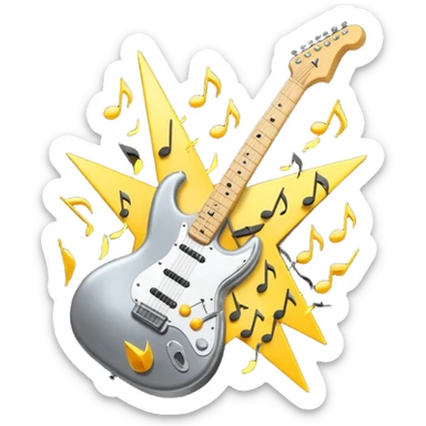 A 3D Apple-style emoji of a bold “ROCK” text written in shiny metallic letters, with an electric guitar leaning on the text, surrounded by small music notes and lightning bolts, energetic and powerful rock music vibe sticker