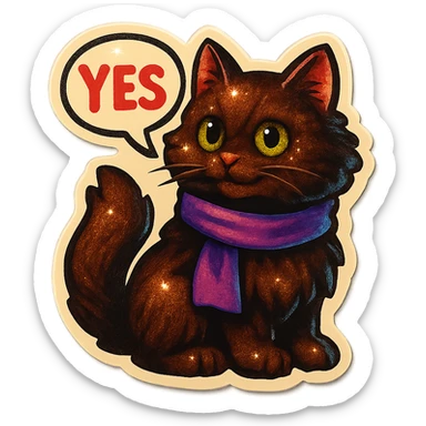 Fluffy dark-brown cat with green eyes and a purple scarf saying ‘YES’ (with a speech bubble) sticker