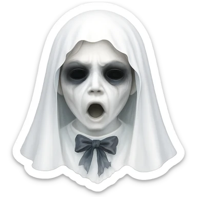 Increase the amount of white in the image, making the girl ghost and her sheet appear brighter and more luminous. Keep the torn bow, haunting expression, and dark shadows around the eyes intact. Maintain the transparent background. sticker