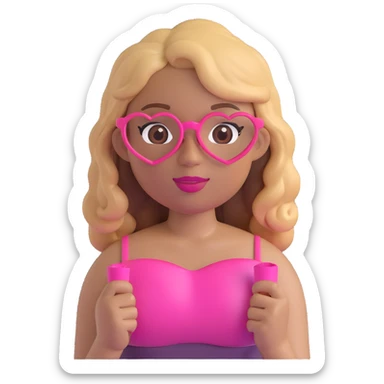 girl emoji with light tan skin, wavy 2B hair in brown and blonde, wearing a pink tube top, long eyelashes, heart-shaped lips, clear pink glasses sticker