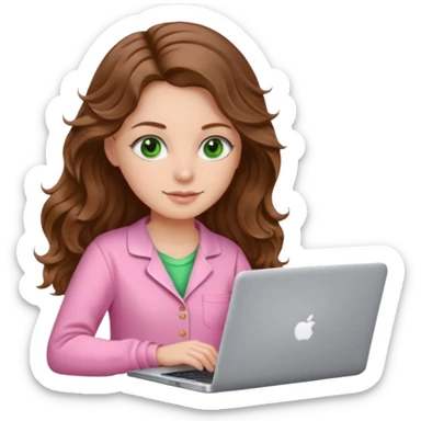 make a picture in ios 18 style of a white girl with brown long wavy hair and green eyes wearing pink pajamas and working on a laptop sticker