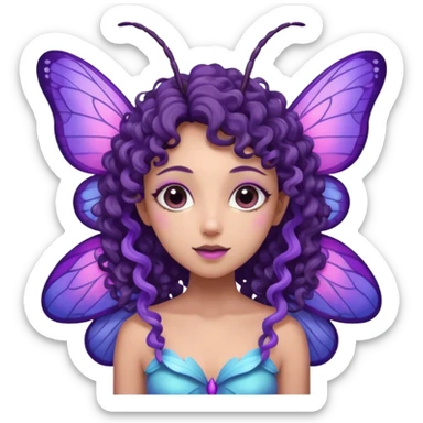 moth fairy with dark curly hair, light purple skin, and moth wings of blue purple and pink. she has moth antenna sticker