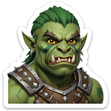 Cinematic Realistic WoW Orc Warrior Portrait, head tilted dramatically with an exaggeratedly amused expression, blending raw, primal might with a touch of unexpected humor. His battle-scarred green skin, robust muscles, and intricately detailed tribal armor in deep, earthy tones are rendered with lifelike texture and dynamic lighting, high shine, dramatic yet whimsical, capturing an orc warrior whose epic strength is matched by a playful, irreverent charm. sticker