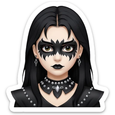 Crea una ragazza con stile black metal,  paint face black metal, capelli neri, mossi dalle spalle e occhi bianchi e un collare con borchie a punta sticker