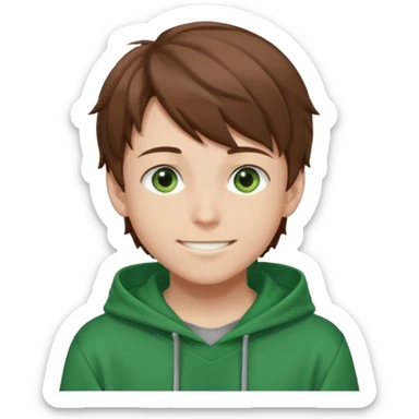 Anime teen boy with brown hair, green eyes, and a green hoodie, looking smiling slightly sideways positioned. Face must be main filling of the emoji. A little piece of hoodie can be visible. 128px sticker