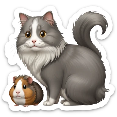 grey long haired cat with two guinea pigs sticker