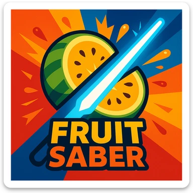 logo for the popular VR game Fruit Saber, vibrant, energetic, features a stylized fruit being sliced by a glowing saber, dynamic composition, modern gaming aesthetic sticker