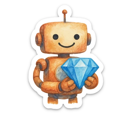 watercolor style smiling robot holding a blue diamond sticker