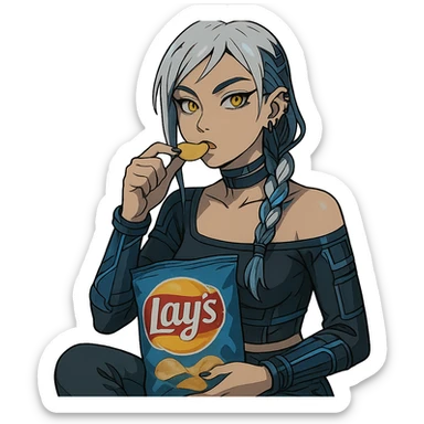  she is snacking out of a huge bag of lays-chips, a closeup portrait of young woman with gold yellow eyes, white hair, long braid, black off-shoulder top d-cup, punk gothic style, futuristic cyberwave cyberpunk, sitting position
 sticker