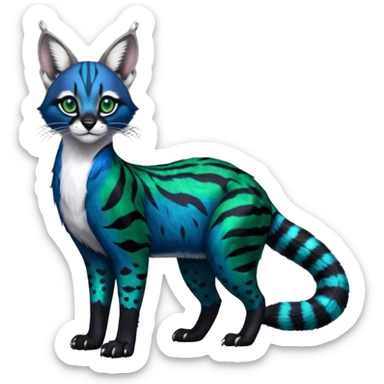 Colorful dark tropical cobalt-blue, black, white fur, with green eyes, iridescent glorious divine exotic cute cool beautiful shiny beautiful fantasy-caracal-civet-genet-sergal-vernid-Cacomistle-oncilla-animal-Fakémon-hybrid-fursona with pattern markings (full body) sticker