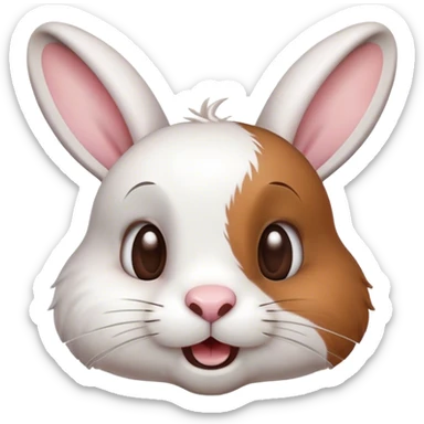 Cinematic Comical White and Brown Rabbit Portrait Emoji, Head tilted dramatically with an exaggeratedly amused expression, featuring a striking fur with a playful mix of white and brown patches, wide, expressive eyes filled with playful disbelief, Simplified yet hilariously expressive features, highly detailed, glowing with a slightly sassy glow, high shine, dramatic yet playful, stylized with an air of cheeky mischief, bright and endearing, soft glowing outline, capturing the essence of a spirited and over-the-top bunny, so meme-worthy it feels like it could side-eye its way into internet fame instantly! sticker