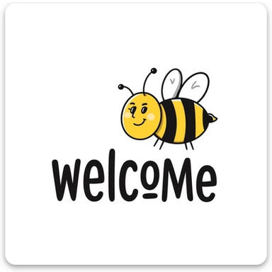 Welcome tag with a happy bee, black and yellow stripes, 'WELCOME' text sticker