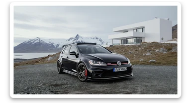 black Golf A4 with bodykit, in background is modern huge two flors white villa, in distance are iceland mountains, rule of thirds, shot on gopro hero, noise camera sticker