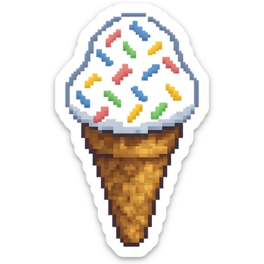 Make the ice cream with sprinkles into a cone, keep pixel art style, no background. Use pixel art style as a reference for the look. sticker