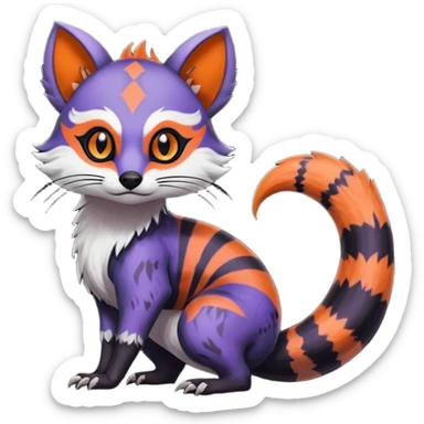 Rare warm-colored exotic gloomy tropical edgy cute epic aesthetic spooky indigo violet white black red gothic colorful Salandit-Furret-Civet-species-Fakemon-hybrid-creature, with tribal tattoo markings, full body sticker
