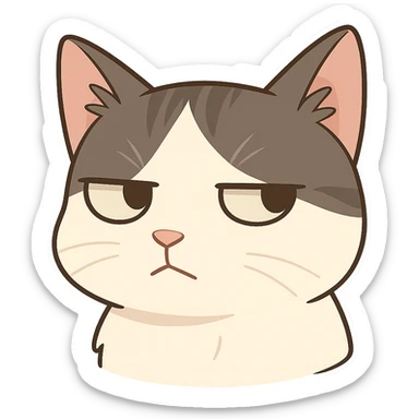 A cat head with an impatient expression, eyes looking to the left and frowning sticker
