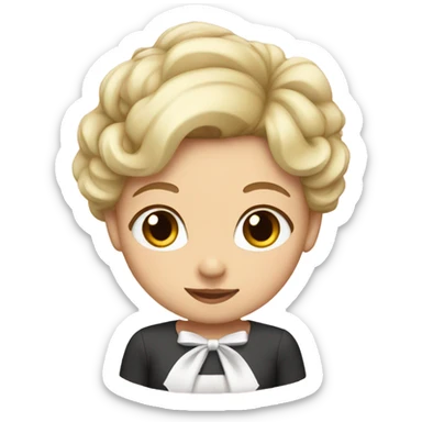 A short girl with short blonde hair and a white bow sticker
