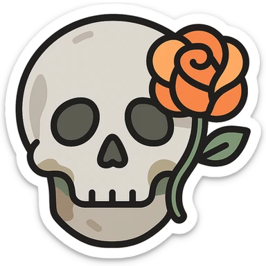 A light grey, slightly eerie skull with soft, rounded features and a haunting aura. One of its hollow eye sockets holds a delicate rose, its petals in shades of peach (FFCC9A) and soft orange (FA9B41), contrasting beautifully against the grey skull. The skull’s surface is textured with subtle hints of muted taupe brown (96775A) and deep forest green (4A7C5C), giving it a weathered, mystical look. The background is dark and atmospheric, with soft lighting highlighting the contrast between the cold, light grey of the skull and the warmth of the rose. The scene feels both macabre and elegant, with a touch of gothic beauty sticker